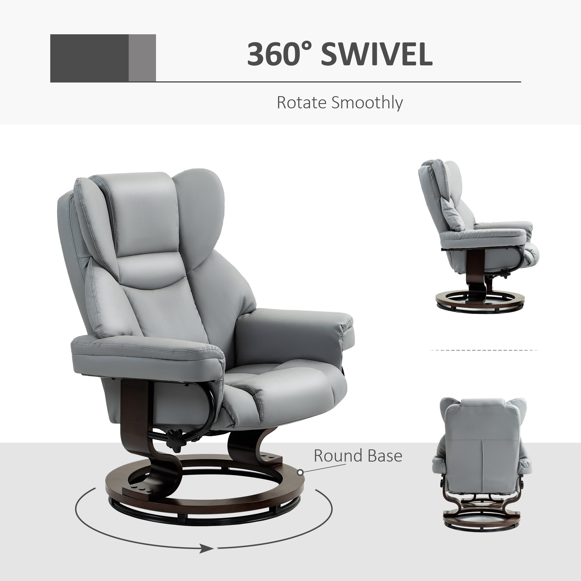 HOMCOM 360° Swivel Recliner Chair with Footstool, PU Leather Manual Recliner Armchair with Solid Wood Base, Upholstered Reclining Chair for Living Room, Bedroom, Office, Light Grey